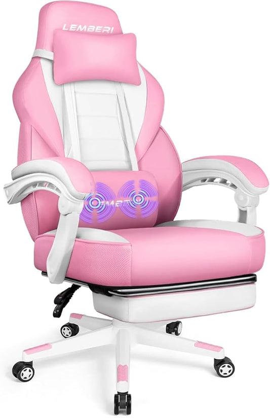 LEMBERI Big and Tall Gaming Chair 400lb Capacity, Heavy-Duty Office Chair with Reinforced Footrest, Wide Seat High Back PC Desk Chair with Linkage Armrests, Thickened Steel Frame, PU Leather, Pink