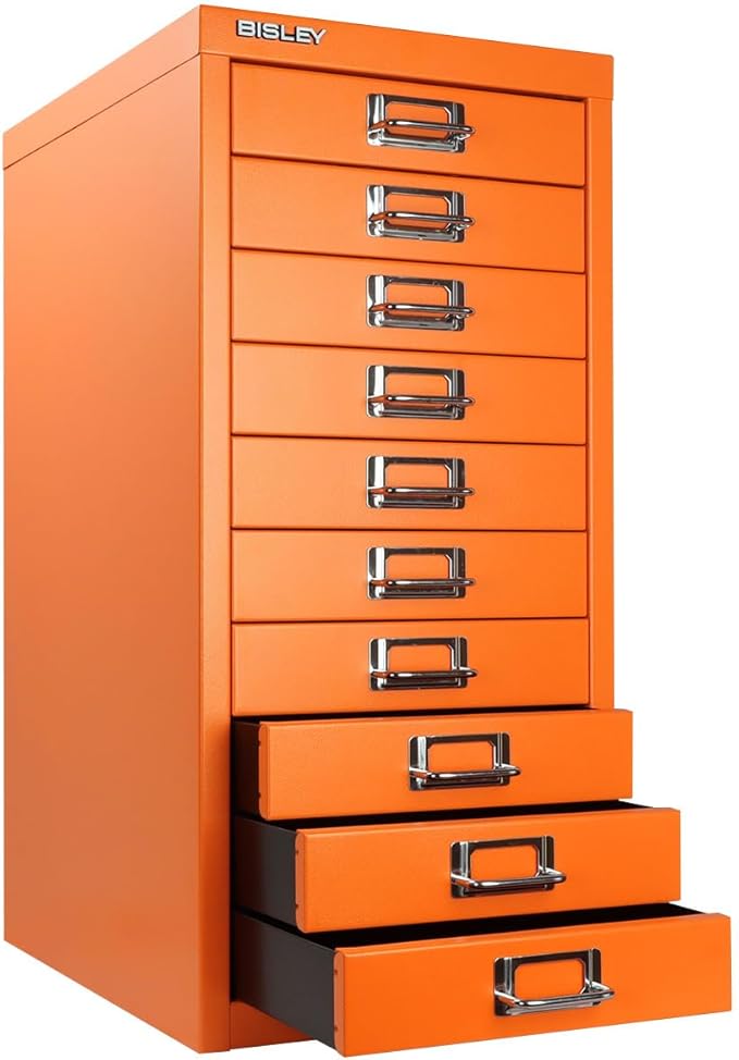 10-Drawer Steel MultiDrawer Cabinet - Orange, by Bisley | Chrome Pull Handles with Label Holders, Powder-Coated Steel, Removable Drawers, Fits Under Most Desks, Labels Included