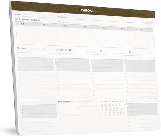 Minimalist Dashboard Desk Pad - 8.5" x 11" Weekly Productivity Planner Has 6 Focus Areas to List Tasks for Goals, Projects, Clients, Academic or Meal - Organize Your Daily Work Efficiently- 55 Weeks
