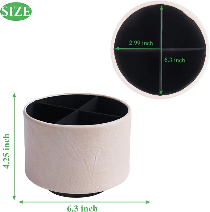 Round Leather Art Supply Organizer,Remote Control Holder,360 Degree Spinning,Multi-Functional Pencil Holder,4 Compartments Desktop Stationary Organizer(1-Crazy White)
