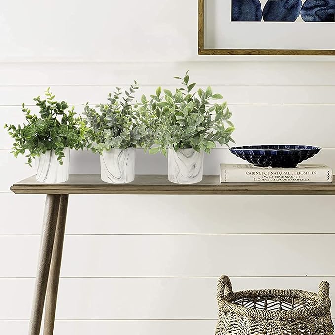 Hollyone Mini Artificial Potted Plants Fake Plants in Marble Pots, 3Pcs Plastic Eucalyptus Greenery Faux Plants for Home Office Desk Room Centerpiece Shelf Décor