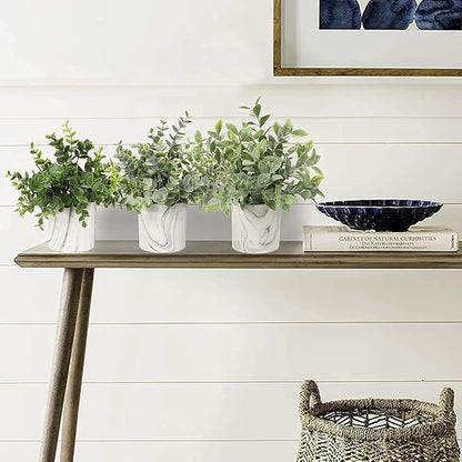 Hollyone Mini Artificial Potted Plants Fake Plants in Marble Pots, 3Pcs Plastic Eucalyptus Greenery Faux Plants for Home Office Desk Room Centerpiece Shelf Décor
