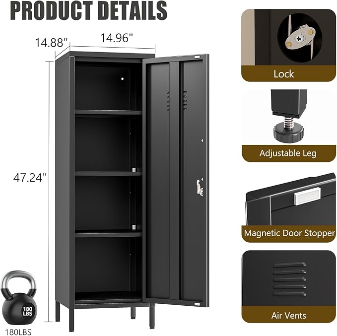 erosoei 47.24" H Metal Locker Storage Cabinet, Office Locker with 3 Adjustable Shelves, Steel Cabinet with 1 Door, High Legs Organizer for Home Office, Kitchen, Living Room, Bedroom and Bathroom