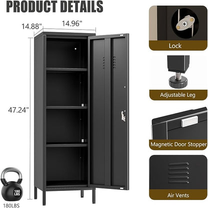 erosoei 47.24" H Metal Locker Storage Cabinet, Office Locker with 3 Adjustable Shelves, Steel Cabinet with 1 Door, High Legs Organizer for Home Office, Kitchen, Living Room, Bedroom and Bathroom