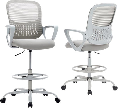 DUMOS Ergonomic Drafting Chair, Tall Office for Standing Desk, Counter with Height Adjustable and Comfortable Lumbar Support, Fixed Armrests, for Bedroom Livingroom, Dove Gray
