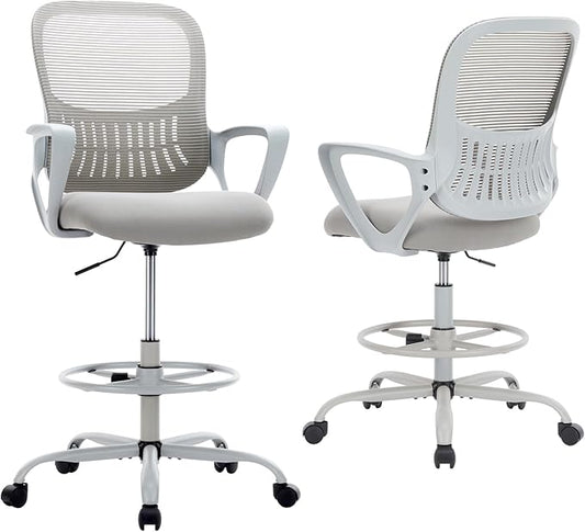 DUMOS Ergonomic Drafting Chair, Tall Office for Standing Desk, Counter with Height Adjustable and Comfortable Lumbar Support, Fixed Armrests, for Bedroom Livingroom, Dove Gray