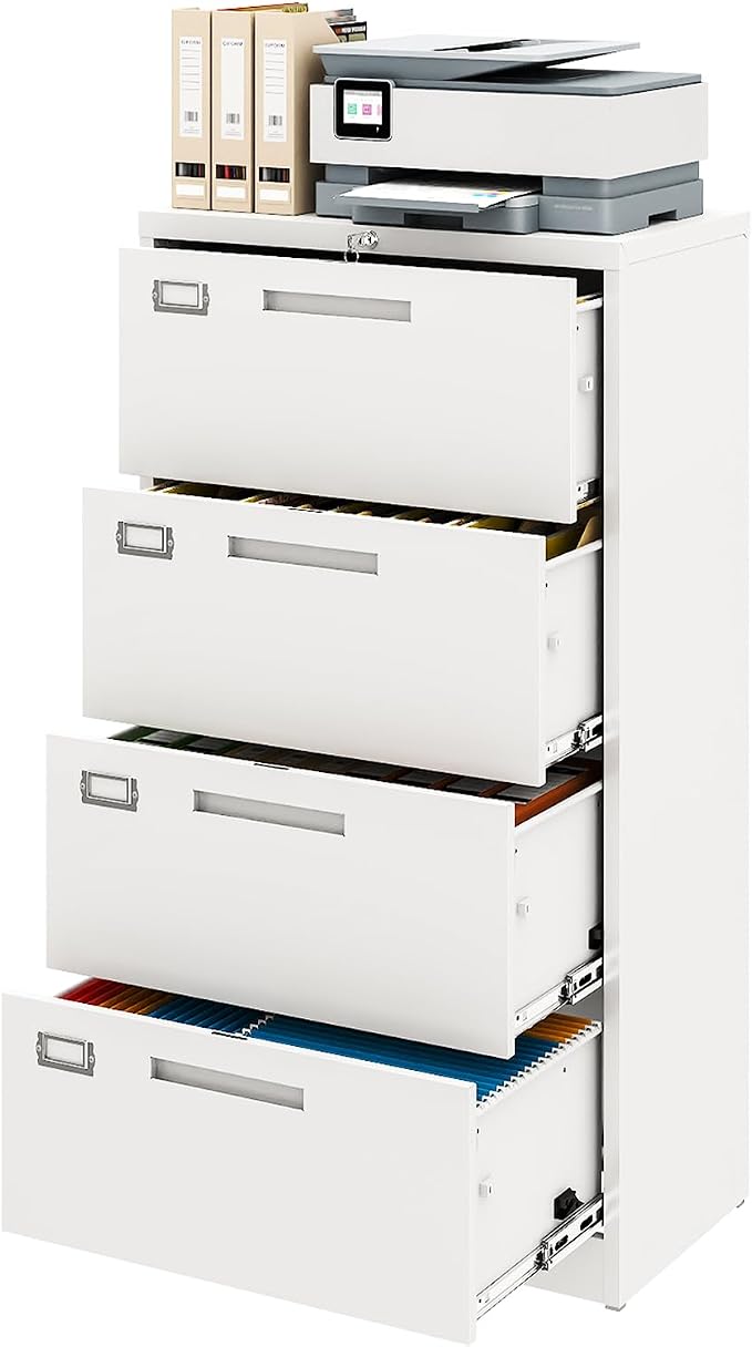 Metal Lateral 4 Drawer File Cabinet with Lock, Wide Filing Cabinet for Home Office Organization Hanging Files Letter/Legal/F4/A4 Size (White, Assembly Required)