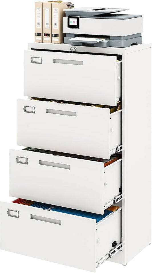Metal Lateral 4 Drawer File Cabinet with Lock, Wide Filing Cabinet for Home Office Organization Hanging Files Letter/Legal/F4/A4 Size (White, Assembly Required)