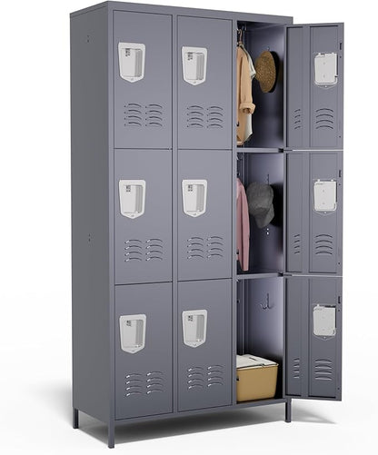 9 Door Metal Lockers for Employees,9 Heavy-Duty Hooks,72" Secure Storage for Home,Offices,Schools & Gyms | Gray