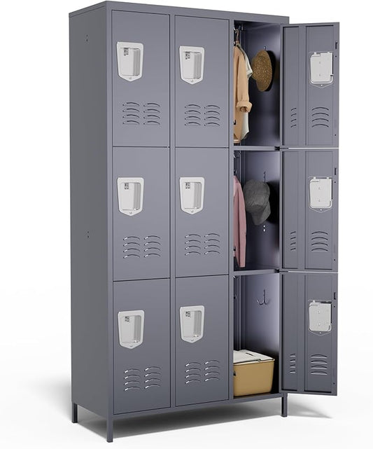 9 Door Metal Lockers for Employees,9 Heavy-Duty Hooks,72" Secure Storage for Home,Offices,Schools & Gyms | Gray
