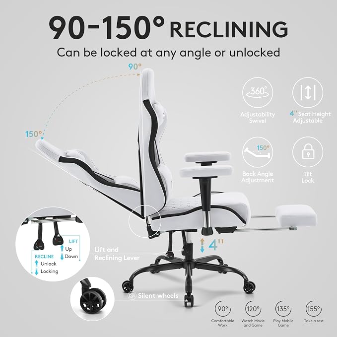 Gaming Chair Breathable Fabric,Computer Office Chair with Footrest,Massage Lumbar Support and Gel Pad,Ergonomic Reclining Gamer Chair with Adjustable Armrests and Spring Cushion Grey Black
