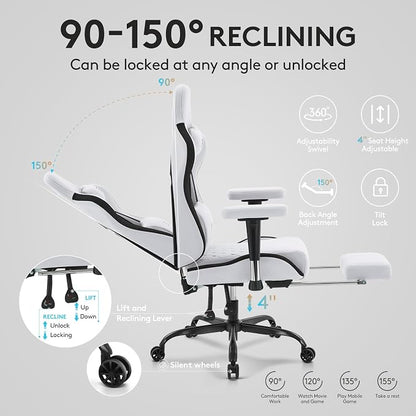 Gaming Chair Breathable Fabric,Computer Office Chair with Footrest,Massage Lumbar Support and Gel Pad,Ergonomic Reclining Gamer Chair with Adjustable Armrests and Spring Cushion Grey Black