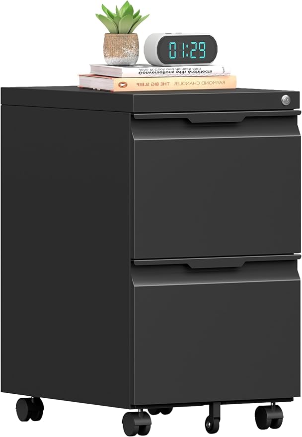 2 Drawer Mobile File Cabinet with Lock, Metal Filing Cabinet, Under Desk Rolling Small Filing Cabinet with Wheels for Home Office Storage, Fits Legal/A4/Letter/Document Size, Required Assembly, Black
