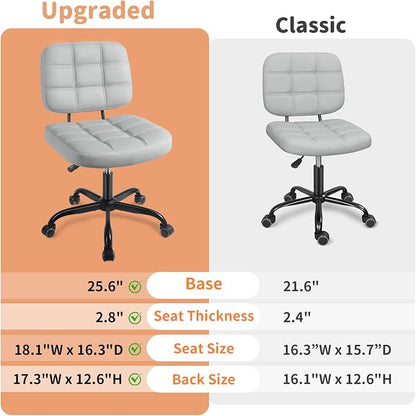 Armless Home Office Desk Chair - Small Swivel Office Desk Chairs with Rolling Wheels - Adjustable PU Leather Computer Chair with Comfy Low Back - For Small Space, Bedroom, Home, Vanity - Light Gray