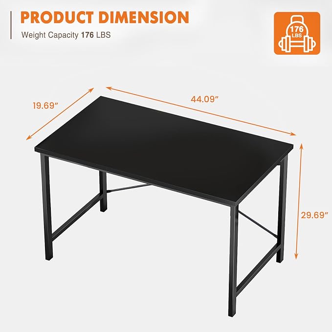 Sweetcrispy Computer Small Office Desk 44 Inch Student Study Writing Work with Metal Frame Wood Tabletop Modern Simple PC Table for Home and Bedroom, Black