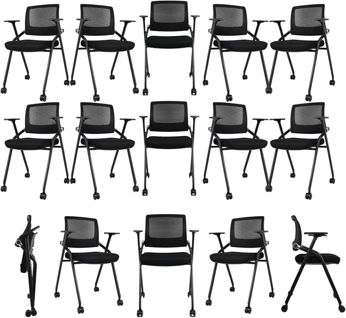 30 Pack Foldable Office Chairs with Wheels, Mesh Back, Arms and Portable - Folding Office Chairs Stackable for Conference Room Chair, Office Guest & Reception & Meeting Chair - (Black) 300 lbs.