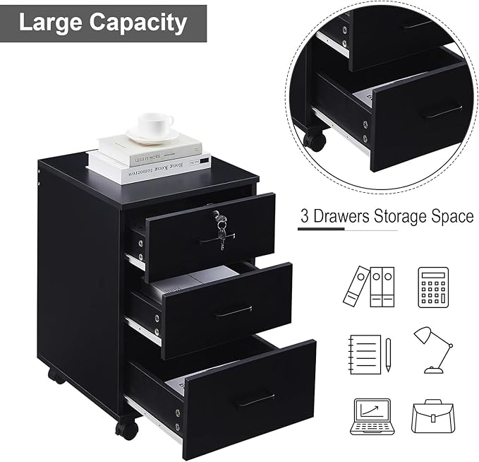OFCASA 3 Drawer File Cabinet with Lock, Small Rolling Filing Cabinets for Home Office, Wooden Under Desk File Cabinet with Wheels, Mobile Storage Cabinet Printer Stand, for Letter/Legal/A4 Size, Black