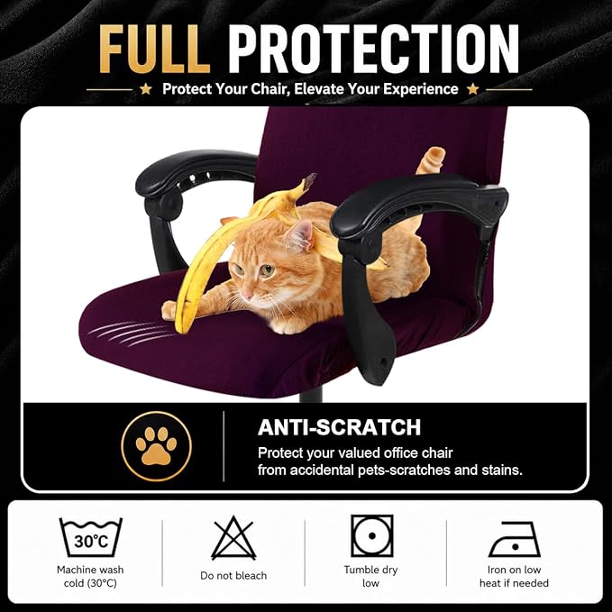 Stretch Computer Office Chair Cover with Durable Zipper - Universal Washable Removable Spandex Rotating Boss Chair Slipcovers - Anti-dust Soft Desk Chair Seat Protector for Dogs, Cats, Pets (Plum)