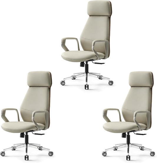 EUREKA ERGONOMIC Aric Executive Office Chair, High Back PU Leather Desk Chair with Lumbar Support, Professional Modern Home Office Chair with Large Headrest & 3-Position Recline(Pack of 3, Beige)