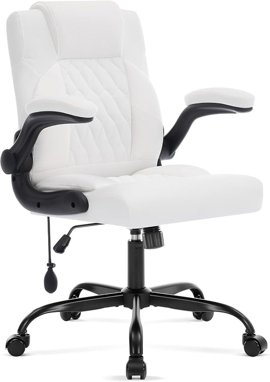 Office Chair with Adjustable Inflatable Lumbar Support,Leather Ergonomic Computer Desk Chair with Flip-up Arms,Adjustable Tilt Lock,Swivel Rolling Executive PC Chair for Work,Study,Meeting.White