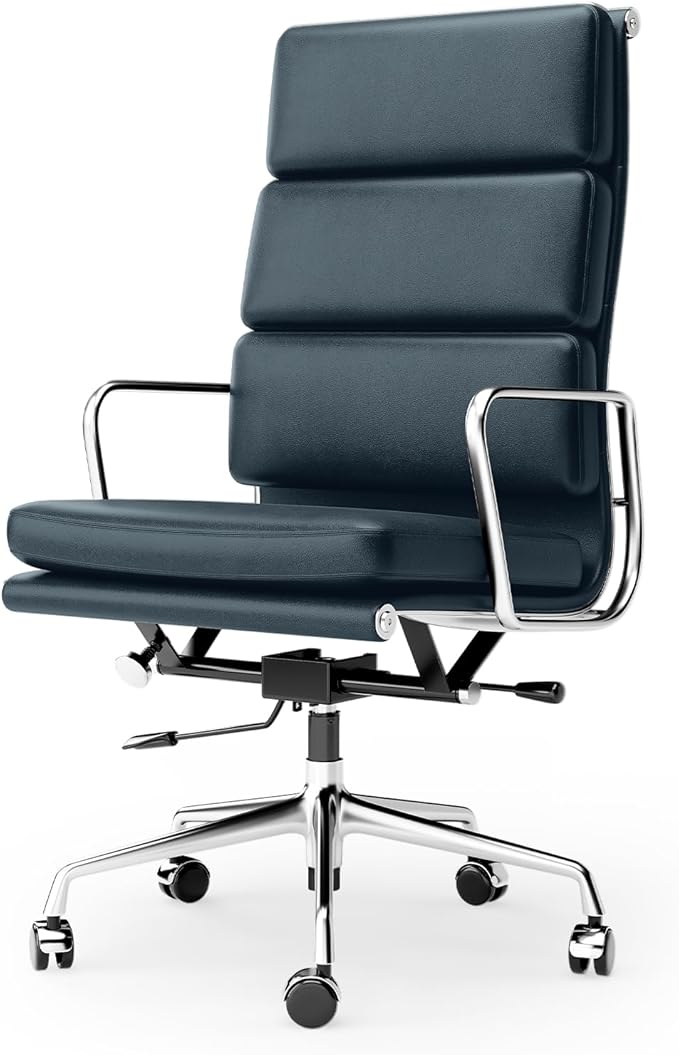 Genuine Leather Office Chair, Padded Executive Desk Chair with Arms, Wheels, Lumbar Support, Aluminum Base (Dark Blue, High-Back)