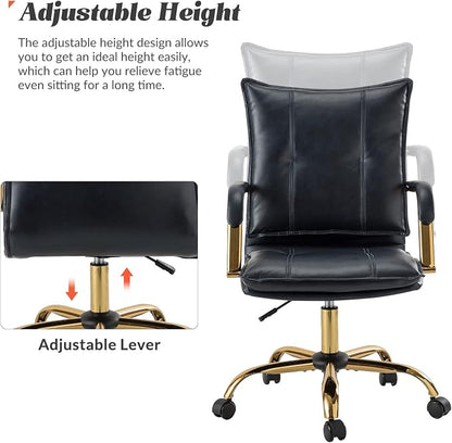 HULALA HOME Faux Leather Home Office Desk Chair, Adjustable Swivel Computer Chair with Golden Legs and Arms, Comfy Upholstered Task Chair, Navy
