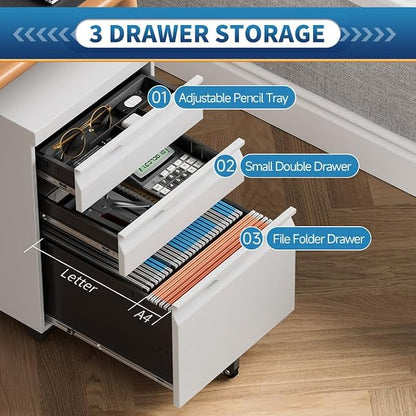 Locking File Cabinet 3 Drawers on Wheels Under Desk, Metal Filing Cabinets for Home Office, A4, Letter-Size Files, Hanging File Folders-White