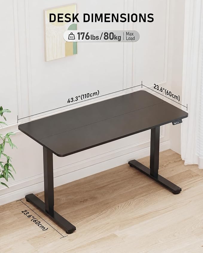 44" Electric Standing Desk Adjustable Height, Sit Stand up Desk for Home Office & Computer Workstation, 2 Memory Height Settings, Splice Board, 2 Hooks, Black Frame/Black Top