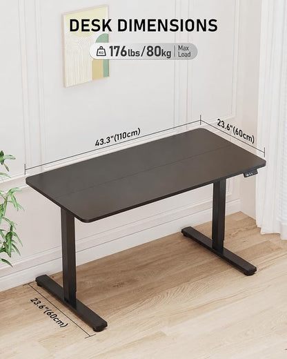 44" Electric Standing Desk Adjustable Height, Sit Stand up Desk for Home Office & Computer Workstation, 2 Memory Height Settings, Splice Board, 2 Hooks, Black Frame/Black Top
