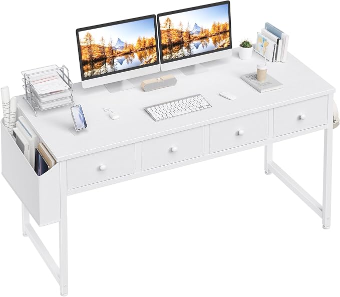 Lufeiya 47 Inch White Computer Desk with Fabric Drawers for Home Office Bedroom, Vanity Desk with Drawer Storage and Side Pouch, Study Writing Table, White