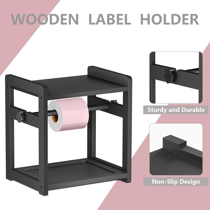 Label Holder for Rolls and Fanfold Labels, Wooden Thermal Sticker Label Printer Holder for Desktop, Sticker Roll Holder for Home Office Small Business Essentials, Black