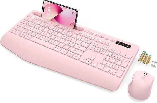 Wireless Keyboard and Mouse, Wrist Rest, Phone Holder, Batteries Included, 2.4G Lag-Free Ergonomic Keyboards Mouse Combo, KM23D Silent Keyboards Set for Computer, Laptop, PC, Windows, Pink -SABLUTE