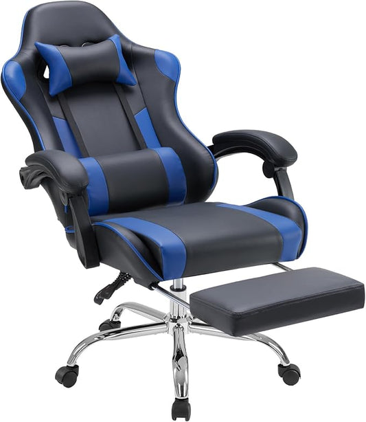NEWBULIG Gaming Chair with Footrest – Ergonomic High-Back with Lumbar & Headrest Support, Comfy PU Leather Recliner with Linkage Armrests, Adjustable Height, 360° Swivel, Blue