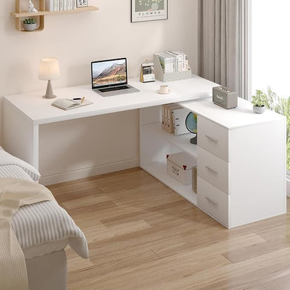 HSH White L Shaped Desk with Drawers Shelves, Corner Home Office Desk L Shape with Storage Cabinet, Large Wood Computer Desk for PC Executive Work Writing Study, Modern Living Room Bedroom Table,60 In