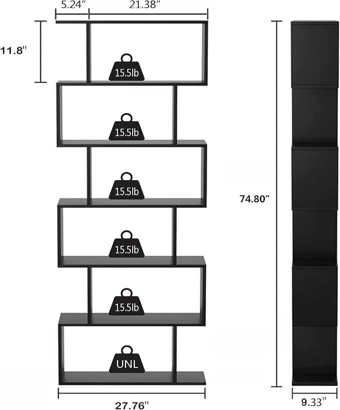 Yusong Bookshelf 6-Tier, Geometric Bookcase S Shaped Book Shelves for Bedroom, Modern Wood Decorative Display Shelf Tall Book Case for Home Office, Black