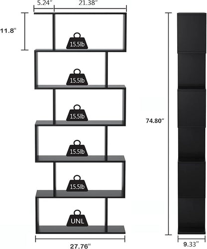 Yusong Bookshelf 6-Tier, Geometric Bookcase S Shaped Book Shelves for Bedroom, Modern Wood Decorative Display Shelf Tall Book Case for Home Office, Black