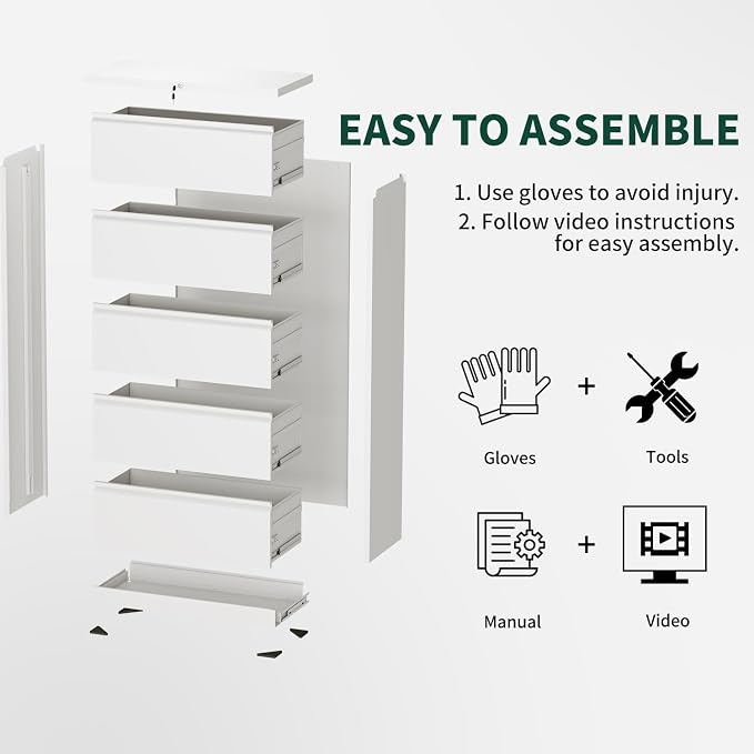 5 Drawer Lateral File Cabinet with Lock, File Cabinets for Home Office Legal/Letter A4 Size, File Cabinet Storage Cabinet, Require Assembly, White