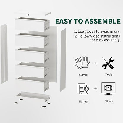 5 Drawer Lateral File Cabinet with Lock, File Cabinets for Home Office Legal/Letter A4 Size, File Cabinet Storage Cabinet, Require Assembly, White