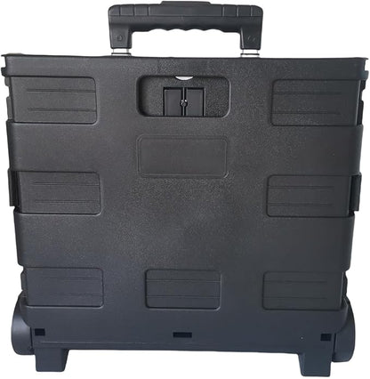 SECO Large Foldable Rolling Crate | Plastic Storage Box with Wheels | Black | Large Foldable Rolling Crate | 77 lb Capacity | Telescopic Handle | Smooth-Rolling Wheels | Flat Storage