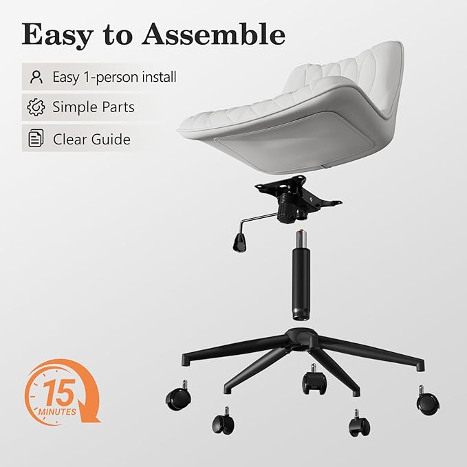 Armless Office Chair, Swivel Rolling Leather Desk Chair, White | Waterproof Upholstery, Padded Seat, 15° Relaxing Tilt, 330 LBS Capacity, for Bedroom Vanity and Computer Work