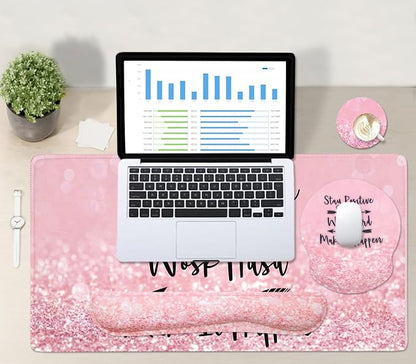 4-in-1 Gaming Mouse Pad Wrist Support Set，Desk Pad + Mouse Pad with Wrist Rest + Keyboard Wrist Rest + Coaster, Ergonomic Design for Home Office Study Game - Pink Stay Positive