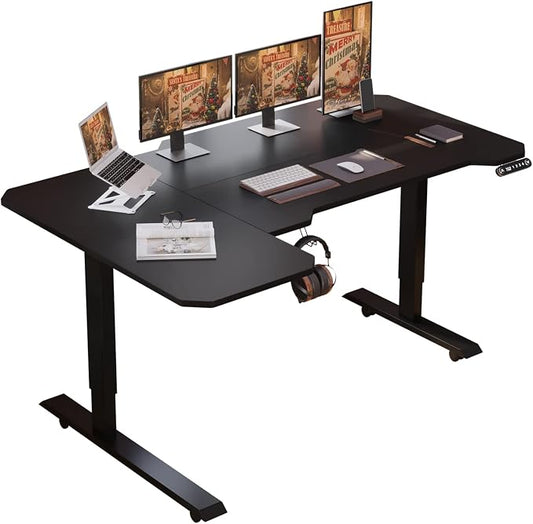 L-Shaped 59" Height Adjustable Electric Standing Desk, Sit and Stand Up Computer Desk For Home Office with Splice Board (Black Top, Black Frame)