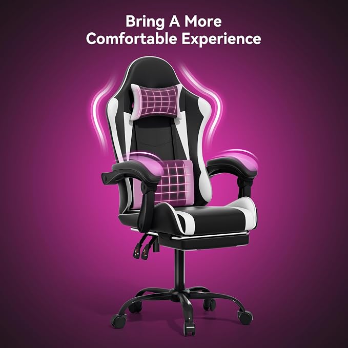 Gaming Chair with Footrest, Ergonomic Computer Gaming Desk Chair with Lumbar Support & Headrest, Adjustable High Back PU Leather Office Chair, Swivel Racing Style Gamer Chair, Black/White
