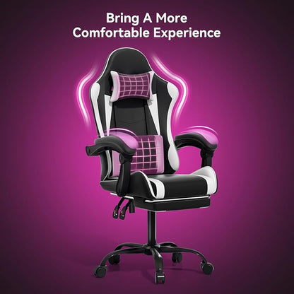 Gaming Chair with Footrest, Ergonomic Computer Gaming Desk Chair with Lumbar Support & Headrest, Adjustable High Back PU Leather Office Chair, Swivel Racing Style Gamer Chair, Black/White