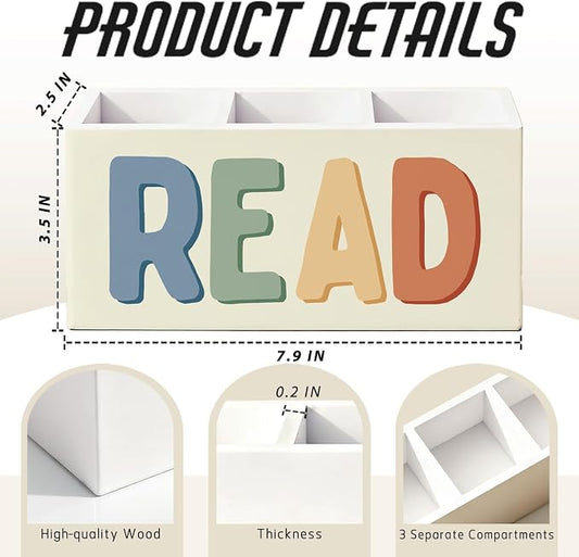 Reading Room Corner Decor Kids Pen Pencil Holder for Desk, Book Lover Reader Gifts, Boho READ Bookish Wooden Box Sign Decorations for Reading Room Nook Home Library Classroom Desk Tabletop