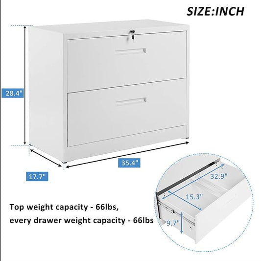 Lateral File Cabinet, 2 Drawer Metal Lockable Filing Cabinet for Commercial Grade Office Legal and Letter File (White)