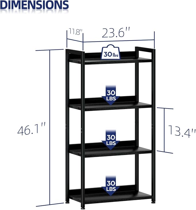 NUMENN Bookshelf, 4 Tier Bookshelves, Home Office Bookcase Shelf Storage Organizer, Free Standing Storage Shelving Unit for Bedroom, Living Room and Home Office, Black