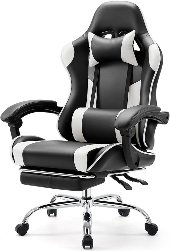 Sweetcrispy Computer Gaming Chair: Ergonomic High Back PU Leather Video Racing Chair with Adjustable Headrest & Footrest, Linkage Armrest, for Office and Home, White