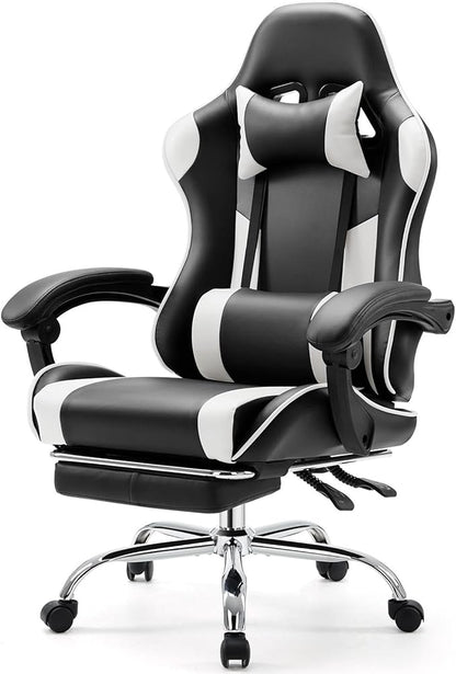 Sweetcrispy Computer Gaming Chair: Ergonomic High Back PU Leather Video Racing Chair with Adjustable Headrest & Footrest, Linkage Armrest, for Office and Home, White
