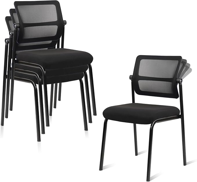 CLATINA 4PK Mesh Stacking Office Desk Chairs, Portable Stackable Bulk Waiting Room Armless Chair with Adjustable Back & Fabric Seat for Guest Lobby Side School Church Conference Break, Black
